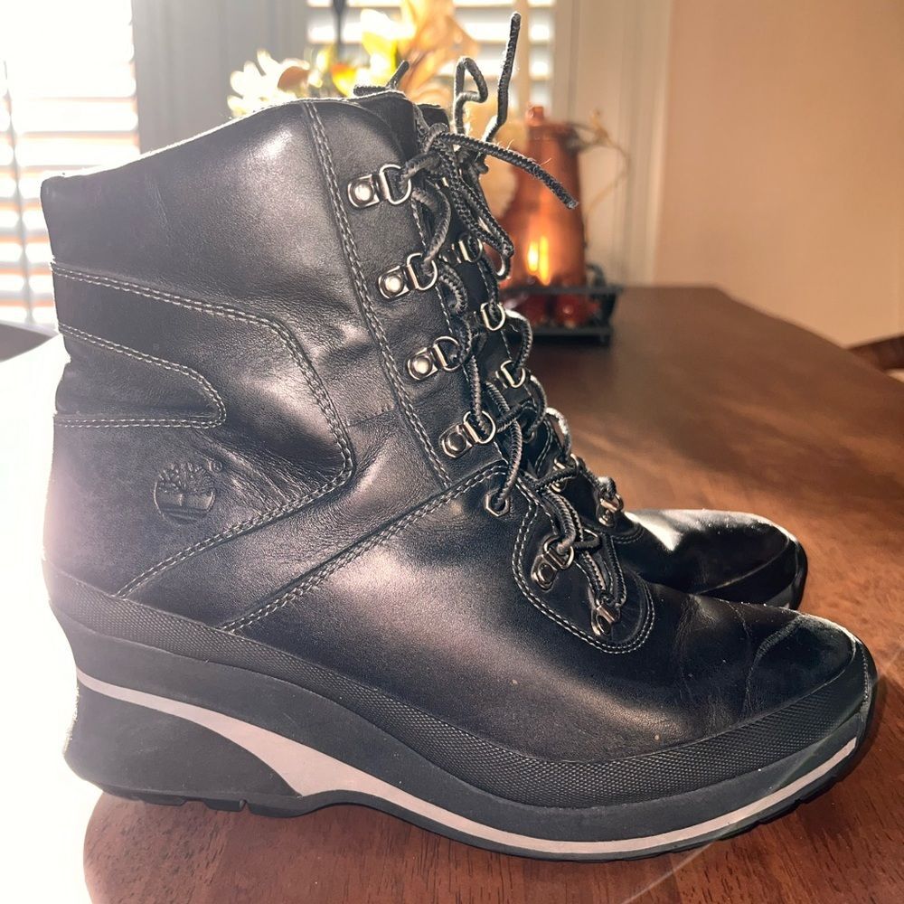 Black Leather LaceUp Wedge Ankle Boots Women’s 9M Timberland Bethel Earthkeepers